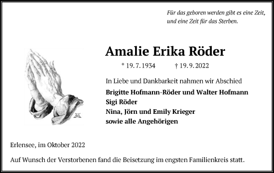 Traueranzeige von Amalie Erika Röder von OF