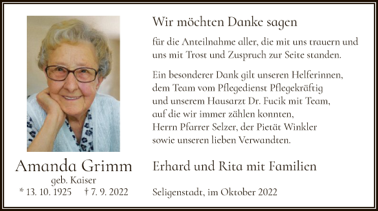 Traueranzeige von Amanda Grimm von OF