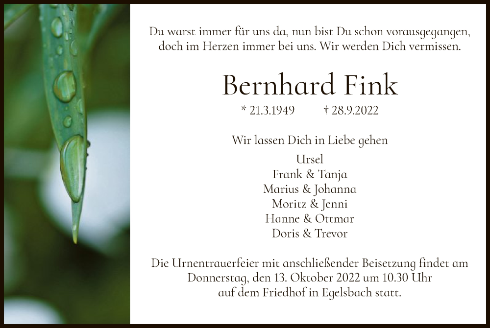  Traueranzeige für Bernhard Fink vom 08.10.2022 aus OF