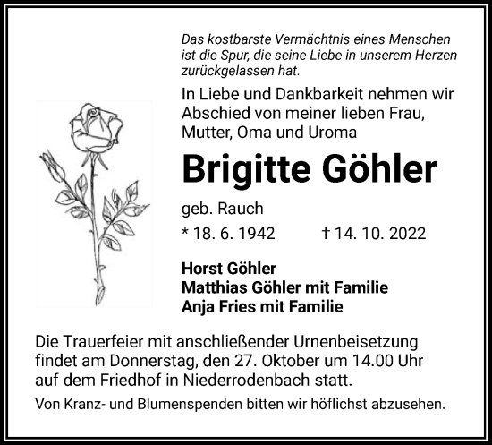 Traueranzeige von Brigitte Göhler von OF