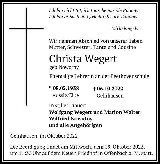 Traueranzeige von Christa Wegert von OF