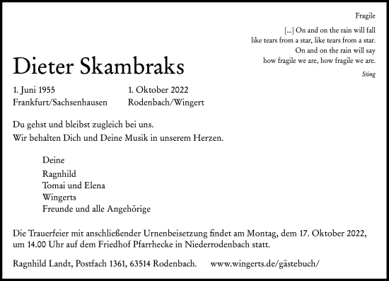 Traueranzeige von Dieter Skambraks von OF