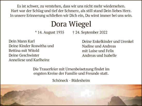 Traueranzeige von Dora Wiegel von OF