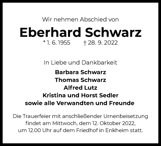 Traueranzeige von Eberhard Schwarz von OF