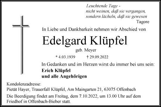 Traueranzeige von Edelgard Klüpfel von OF