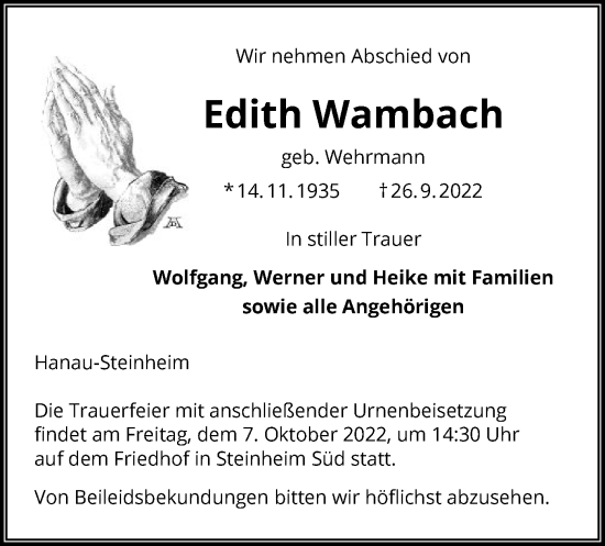 Traueranzeige von Edith Wambach von OF