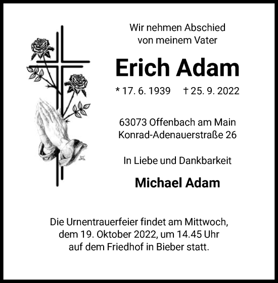 Traueranzeige von Erich Adam von OF