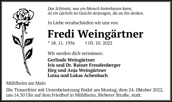 Traueranzeige von Fredi Weingärtner von OF