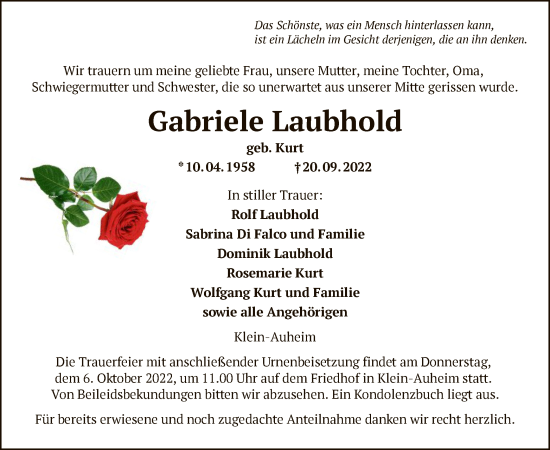 Traueranzeige von Gabriele Laubhold von OF