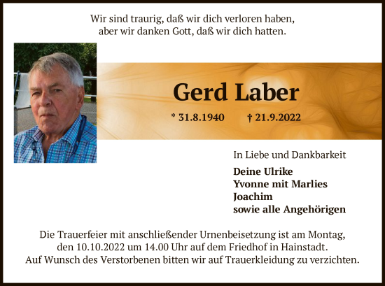 Traueranzeige von Gerd Laber von OF