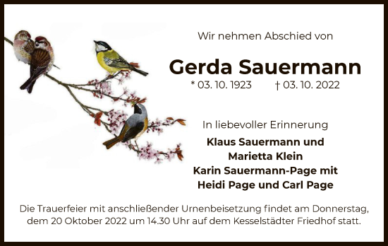 Traueranzeige von Gerda Sauermann von OF