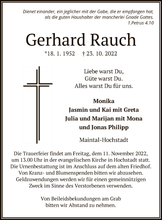 Traueranzeige von Gerhard Rauch von OF