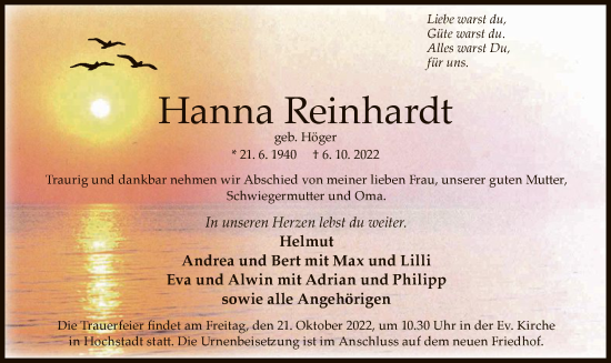 Traueranzeige von Hanna Reinhardt von OF