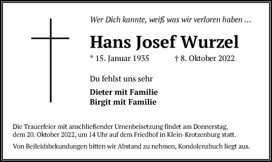 Traueranzeige von Hans Josef Wurzel von OF