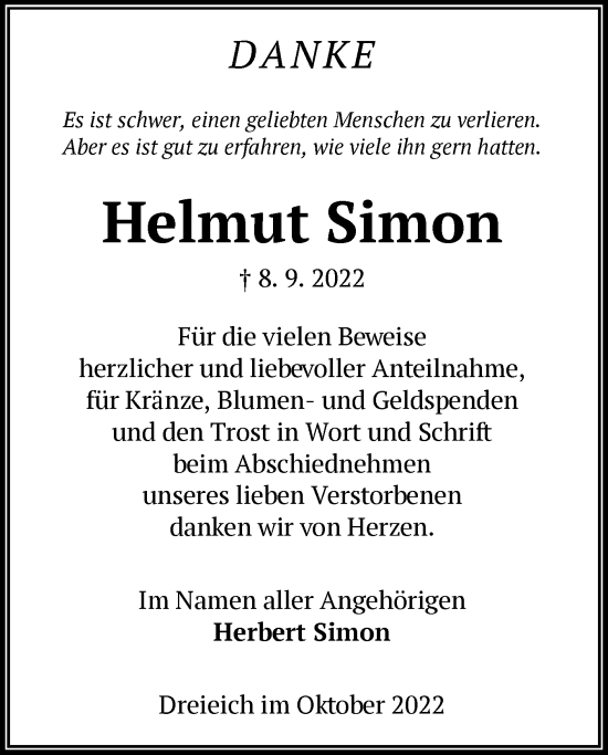 Traueranzeige von Helmut Simon von OF