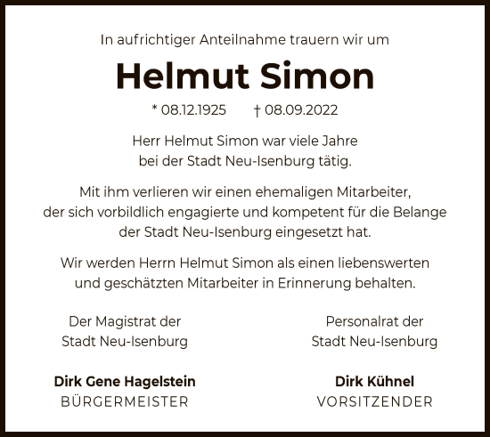 Traueranzeige von Helmut Simon von OF