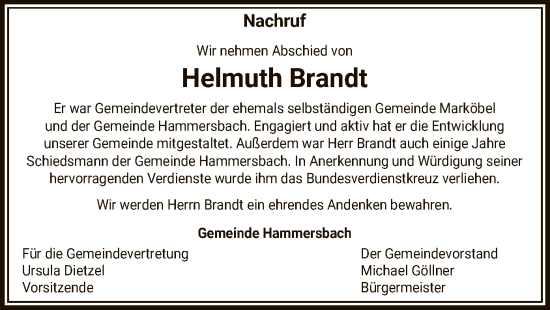 Traueranzeige von Helmuth Brandt von OF