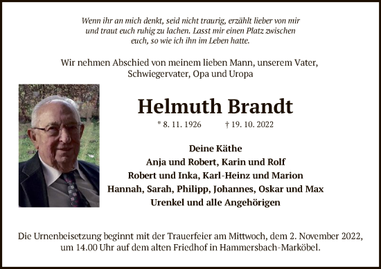 Traueranzeige von Helmuth Brandt von OF