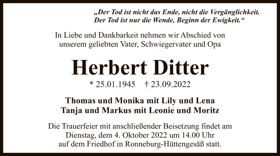 Traueranzeige von Herbert Ditter von OF