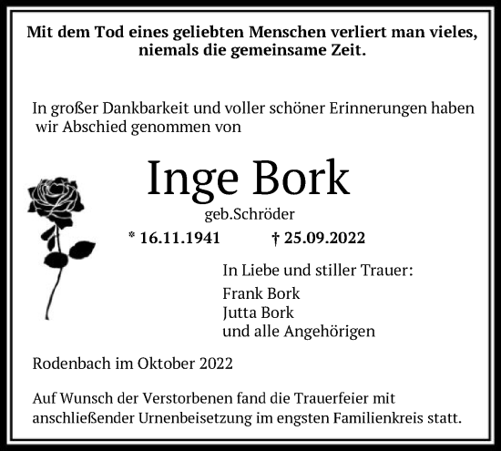 Traueranzeige von Inge Bork von OF