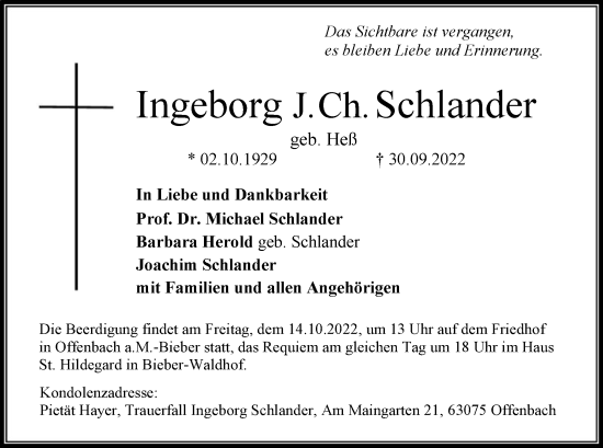 Traueranzeige von Ingeborg J. Ch. Schlander von OF