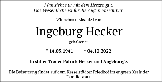 Traueranzeige von Ingeburg Hecker von OF