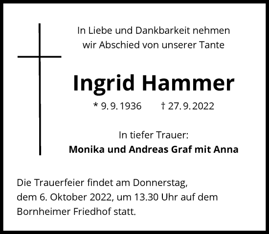 Traueranzeige von Ingrid Hammer von OF