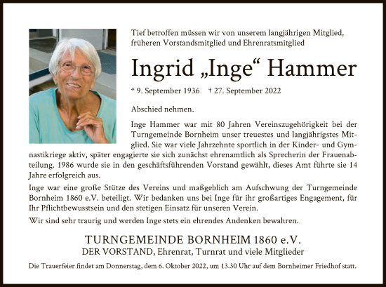 Traueranzeige von Ingrid Hammer von OF