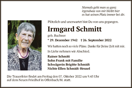 Traueranzeige von Irmgard Schmitt von OF