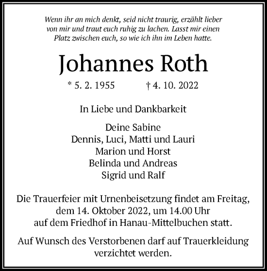 Traueranzeige von Johannes Roth von OF