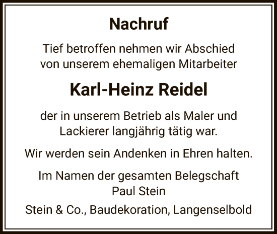 Traueranzeige von Karl-Heinz Reidel von OF