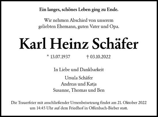 Traueranzeige von Karl Heinz Schäfer von OF