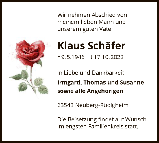 Traueranzeige von Klaus Schäfer von OF