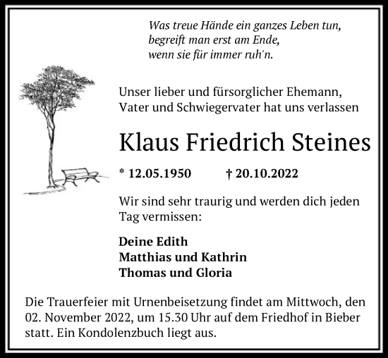 Traueranzeige von Klaus Friedrich Steines von OF