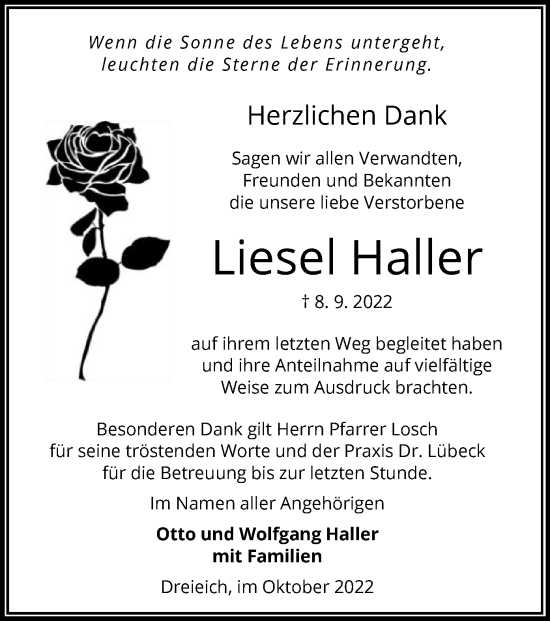 Traueranzeige von Liesel Haller von OF