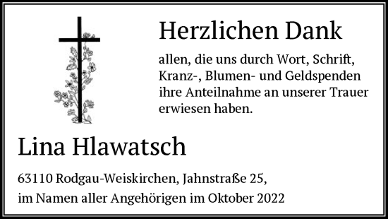 Traueranzeige von Lina Hlawatsch von OF