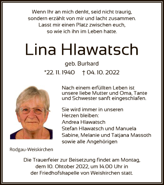 Traueranzeige von Lina Hlawatsch von OF