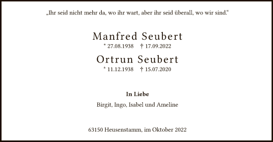 Traueranzeige von Manfred und Ortrun Seubert von OF