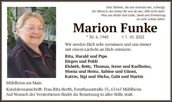 Traueranzeige von Marion Funke von OF