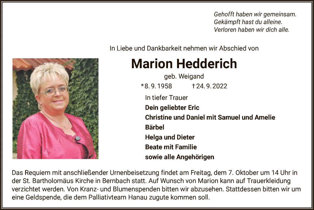  Traueranzeige für Marion Hedderich vom 01.10.2022 aus OF