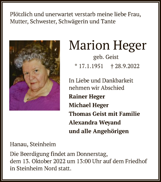 Traueranzeigen von Marion Heger | trauer.op-online.de