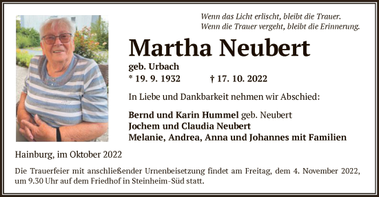 Traueranzeige von Martha Neubert von OF