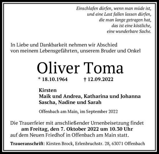 Traueranzeige von Oliver Toma von OF