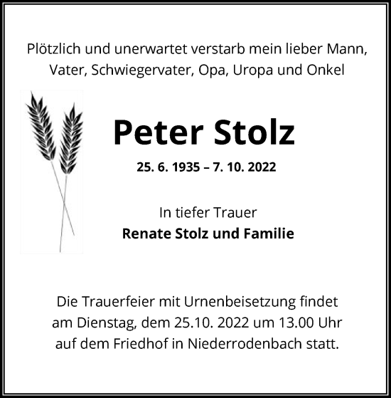 Traueranzeige von Peter Stolz von OF