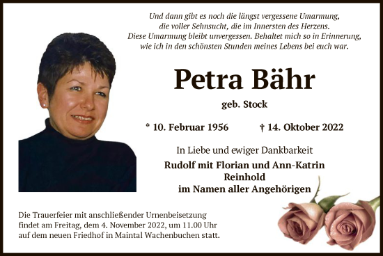 Traueranzeige von Petra Bähr von OF