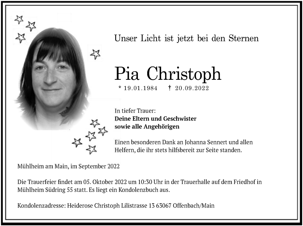  Traueranzeige für Pia Christoph vom 01.10.2022 aus OF