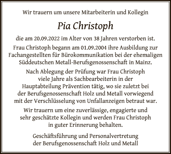 Traueranzeige von Pia Christoph von OF