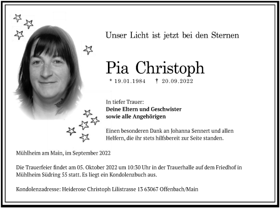 Traueranzeige von Pia Christoph von OF