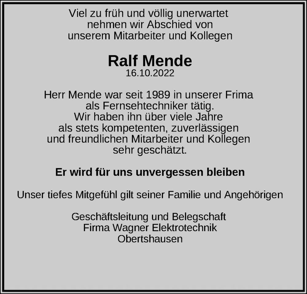  Traueranzeige für Ralf Mende vom 22.10.2022 aus OF