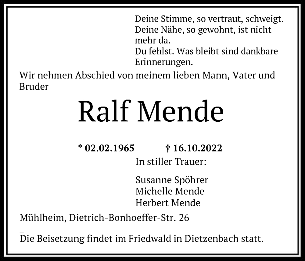  Traueranzeige für Ralf Mende vom 25.10.2022 aus OF